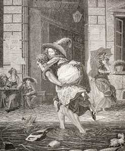 A Carrier Ferrying a Woman across the Street on a Rainy Day in 18th Century Paris, 1875 by French School